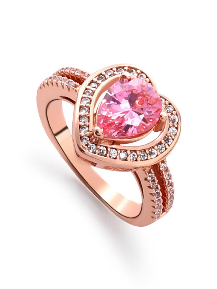 Romwe Rose Gold Rhinestone Encrusted Heart Shaped Ring
