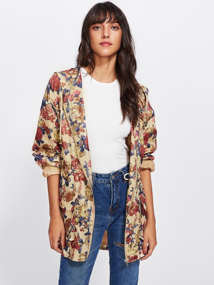 Romwe Flap Pocket Front Zip Up Floral Hoodie Jacket