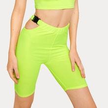 Romwe Neon Lime Push Buckle Side Biker Shorts