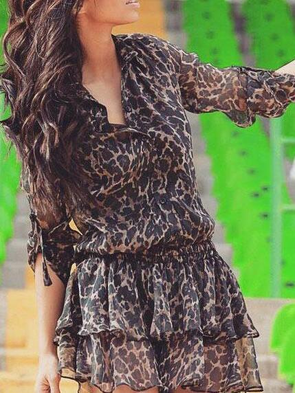 Romwe Leopard Chiffon Layered Shirt Dress