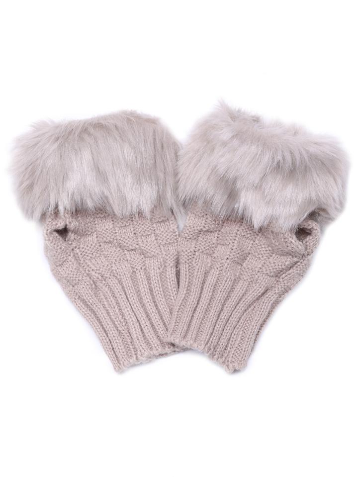 Romwe Khaki Faux Fur Texture Knitted Half-finger Gloves