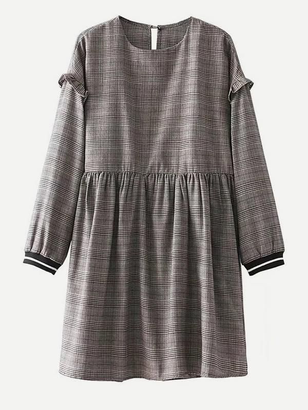 Romwe Striped Cuff Glen Plaid Dress