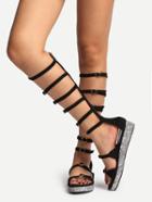 Romwe Black Peep Toe Strappy Zipper Glitter Sole Sandals