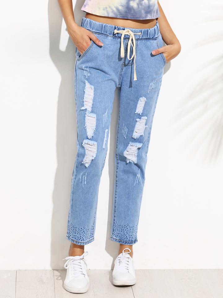 Romwe Blue Ripped Print Drawstring Jeans