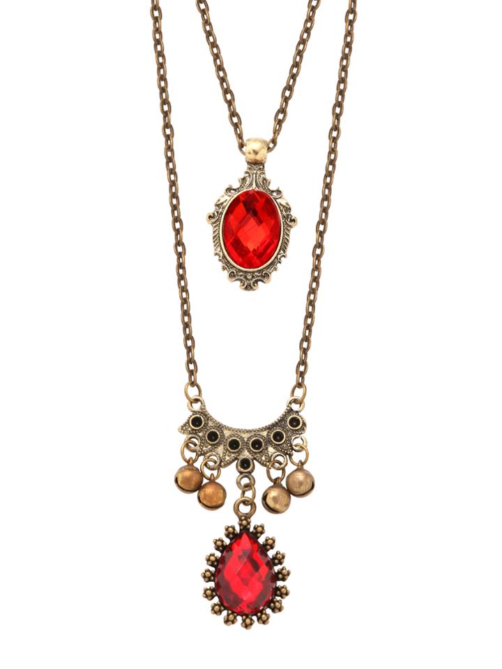 Romwe Red Gemstone Small Bell Double Chain Pendant