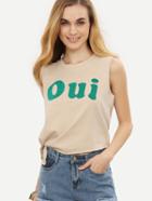 Romwe Apricot Letters Print Knotted Side Sleeveless T-shirt