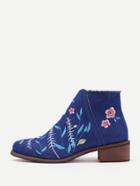 Romwe Flower Embroidery Denim Block Heeled Ankle Boots