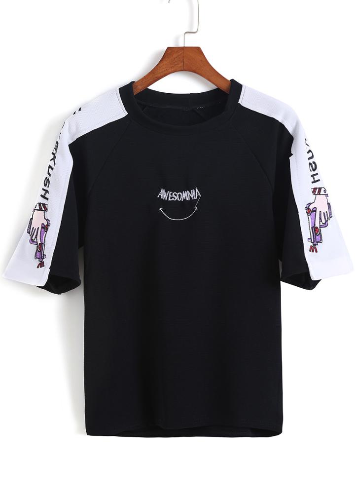 Romwe Black Short Sleeve Smile Print Loose T-shirt