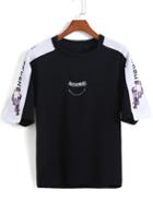 Romwe Black Short Sleeve Smile Print Loose T-shirt
