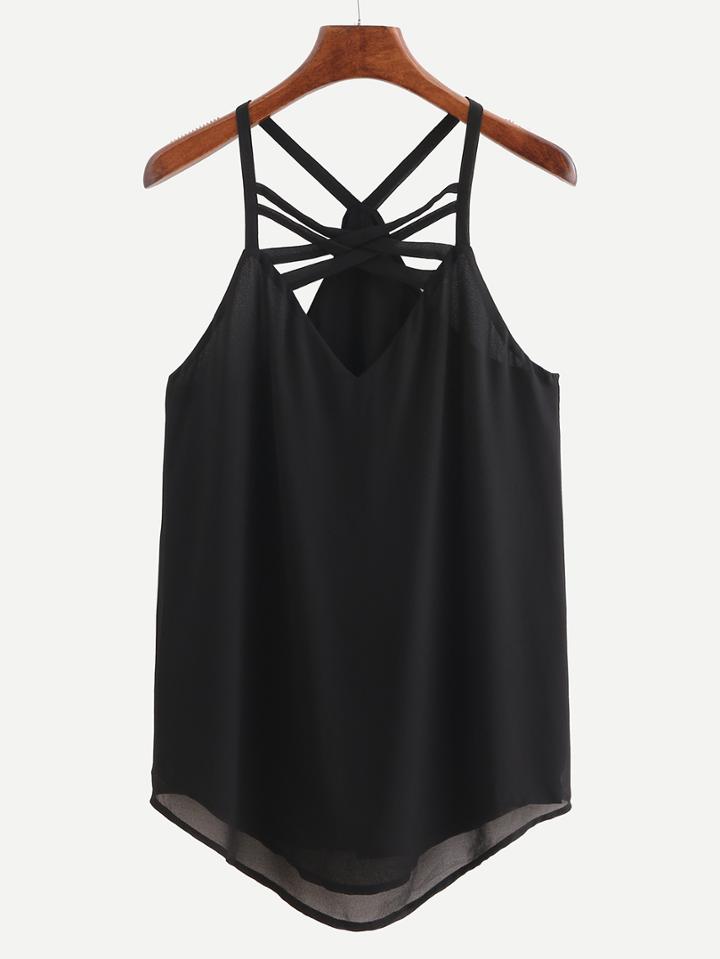 Romwe Lattice Front Racerback Chffion Cami Top - Black