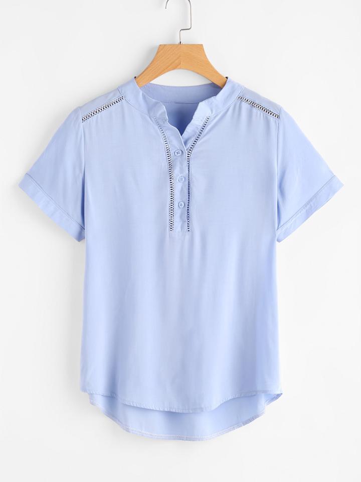 Romwe Hollow Out Crochet Panel Dip Hem Blouse
