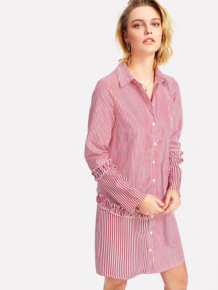 Romwe Frilled Detail Pinstripe Shirt Dress