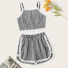 Romwe Gingham Lace Panel Cami Top With Shorts