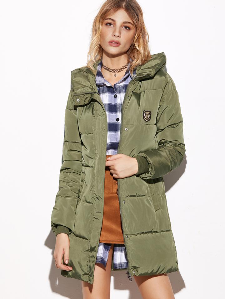 Romwe Army Green Hooded Zipper Patch Padded Coat