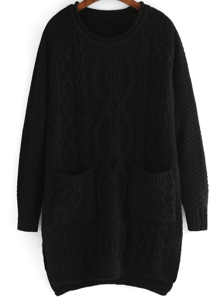 Romwe Diamond Patterned Dip Hem Black Sweater Dress