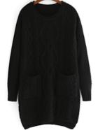 Romwe Diamond Patterned Dip Hem Black Sweater Dress