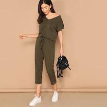 Romwe V-neck Solid Tee & Elastic Waist Pants Set