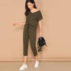 Romwe V-neck Solid Tee & Elastic Waist Pants Set