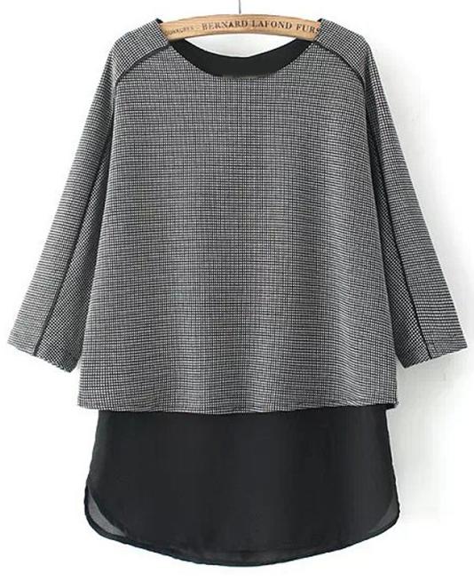 Romwe Houndstooth Print Contrast Hem Blouse