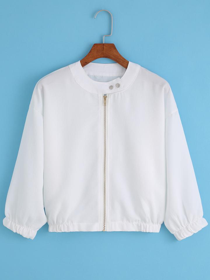 Romwe Round Neck Zipper White Jacket