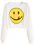 Romwe Beige Smile Face Print Crop Sweatshirt