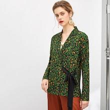 Romwe Knot Front Leopard Wrap Blazer