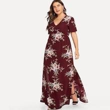 Romwe Plus Floral Print V Neck Dress