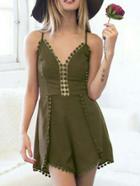 Romwe Spaghetti Strap Lace Insert Cut Out Knotted Army Green Romper