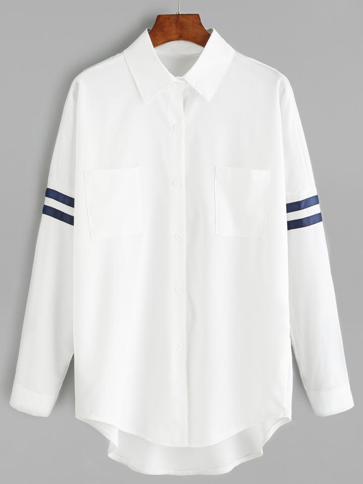 Romwe White Striped Sleeve Dropped Shoulder Seam High Low Blouse