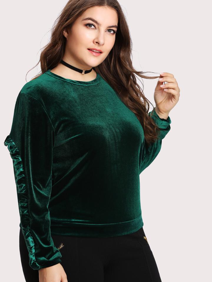 Romwe Frill Trim Velvet Pullover