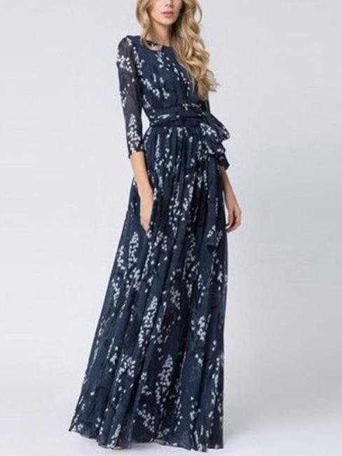 Romwe Round Neck Floral Tie-waist Maxi Dress