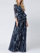Romwe Round Neck Floral Tie-waist Maxi Dress