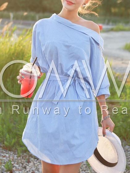 Romwe Blue Half Sleeve Off The Shoulder Striped Dress