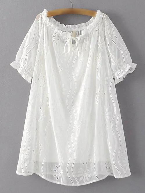Romwe White Smock Crochet Elastic Cuff Blouse With Strap