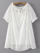 Romwe White Smock Crochet Elastic Cuff Blouse With Strap