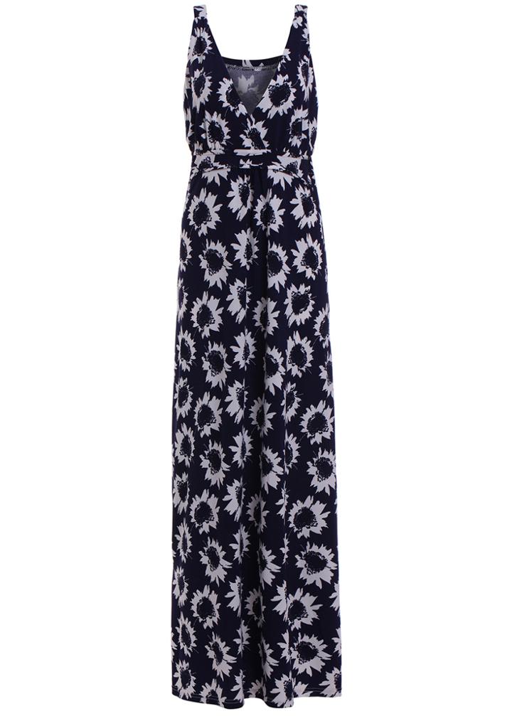 Romwe Deep V Neck Sunflower Print Maxi Dress