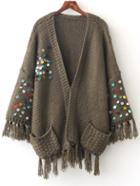 Romwe Army Green Sequin Fringe Trim Sweater Coat With Pocket