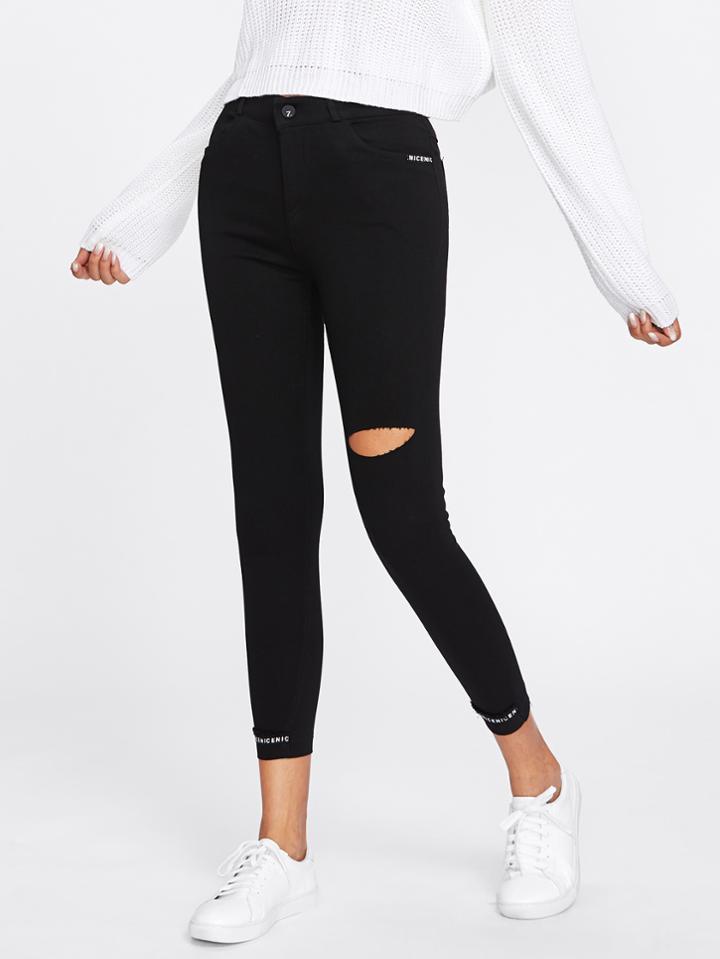 Romwe Letter Tape Detail Ripped Skinny Jeans