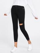 Romwe Letter Tape Detail Ripped Skinny Jeans