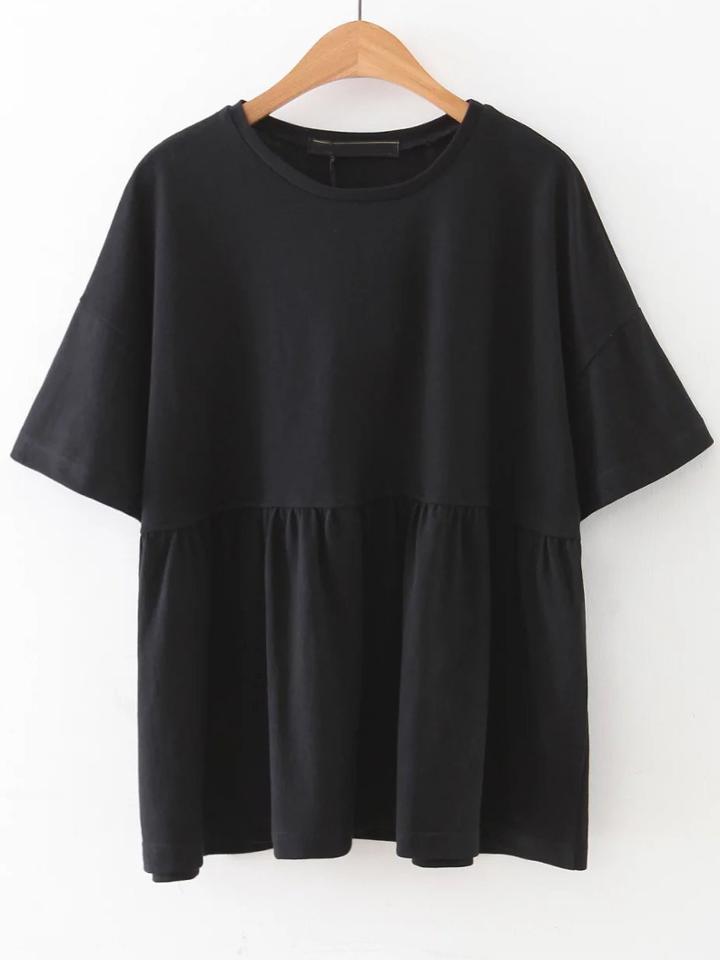 Romwe Black Elbow Sleeve Ruffle Hem Top