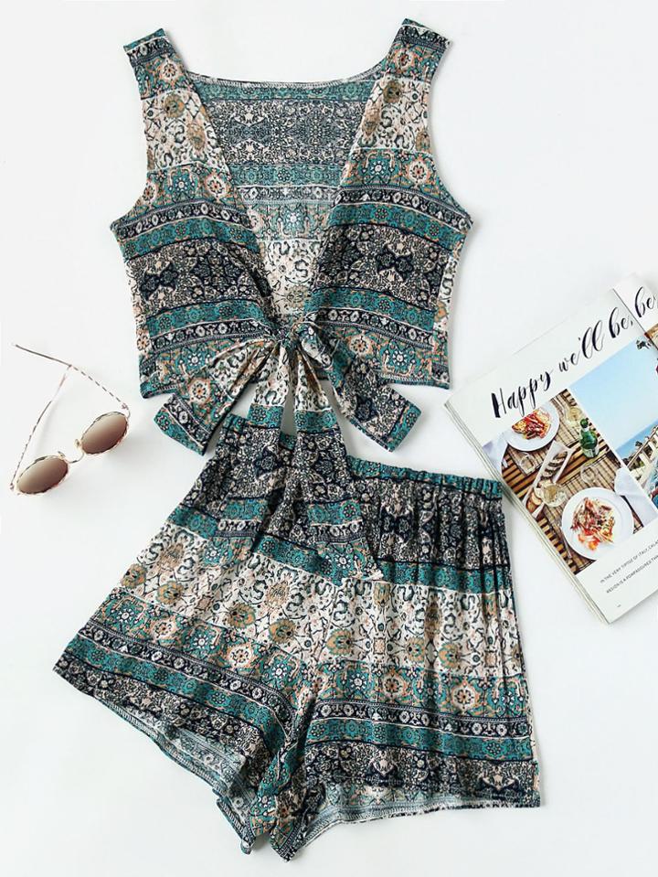 Romwe Allover Printed Bow Tie V Back Tank Top With Shorts