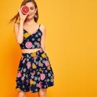 Romwe Fruit Print Cami Top & Ruffle Hem Skirt