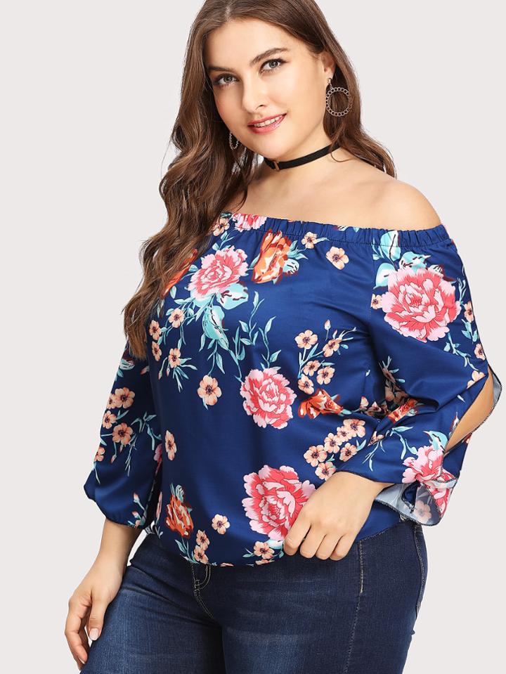 Romwe Botanical Print Slit Sleeve Bardot Top