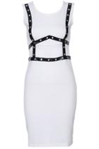 Romwe Romwe Pu Strap Embellished Mesh Sleeveless White Dress