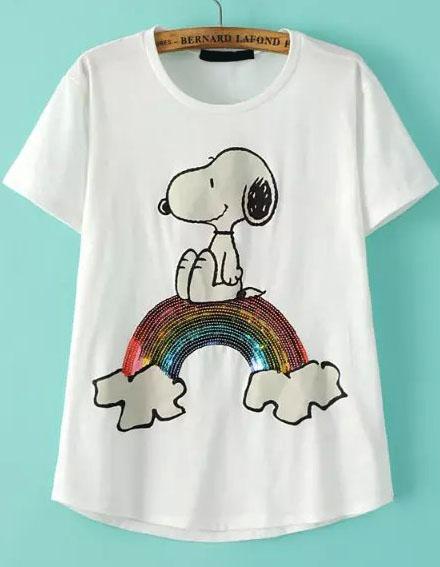 Romwe With Sequined Snoopy Print White T-shirt