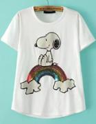 Romwe With Sequined Snoopy Print White T-shirt