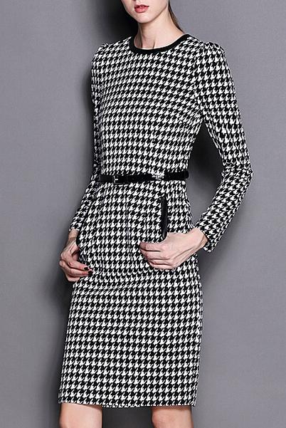 Romwe Long Sleeve Houndstooth With Zipper Split Dress