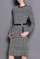 Romwe Long Sleeve Houndstooth With Zipper Split Dress