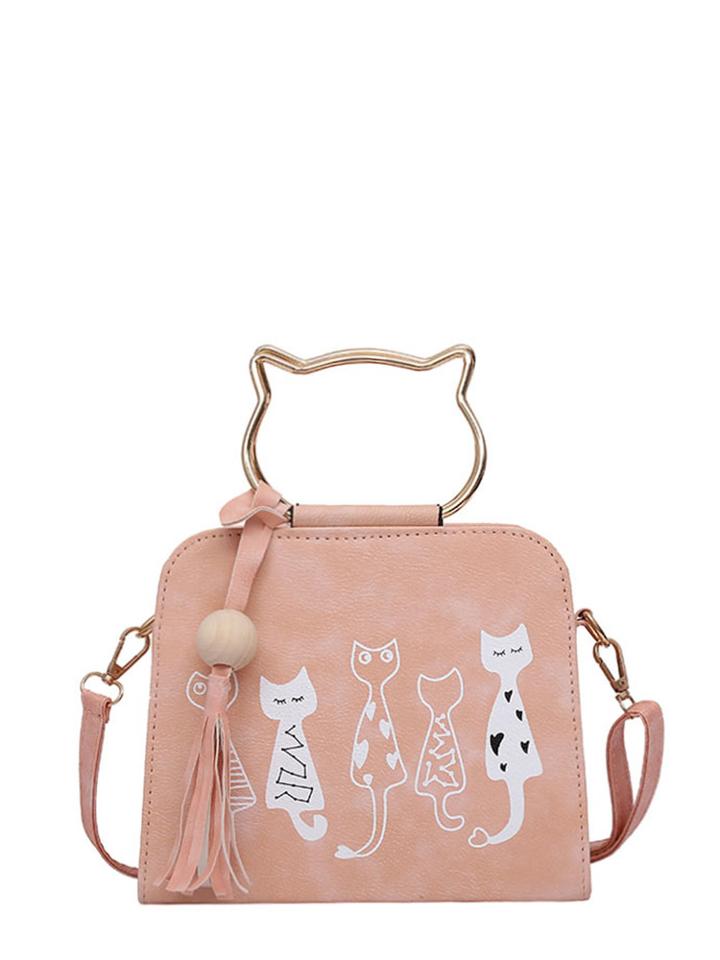 Romwe Cartoon Print Pu Shoulder Bag With Cat Ear Handle