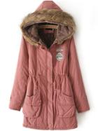 Romwe Hooded Drawstring Letter Patch Pink Coat